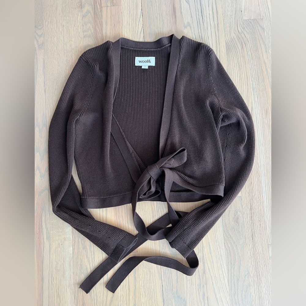 Wool& Adeline Wrap Sweater Espresso Brown Ribbed S 100% Merino Wool Cozy tie